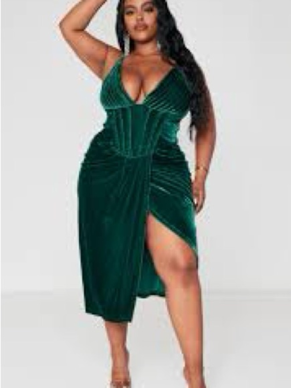 PrettyLittleThing Deep Green Velvet Corset Wrap Midi Dress